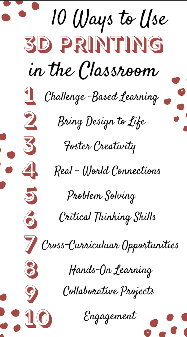 10 ways to use 3d printing in the classroom: challenge-based learning, bring design to life, foster creativity, real-world connections, problem solving, critical thinking skills, cross-curricular connections, hands-on learning, collaborative projects, engagement
