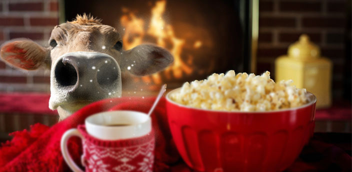 Cow bust in a room with a fireplace on in the background, and in the front layer a red mug and red bowl with popcorn