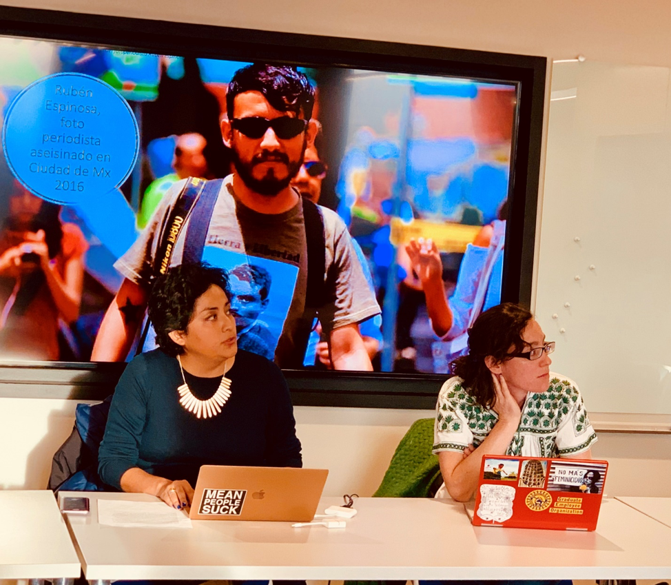PhD candidates Claudia Morales (Left) & Ana Smith-Aguilar (Right) participate in a student-organized panel on the current socio-political situation in Mexico.
