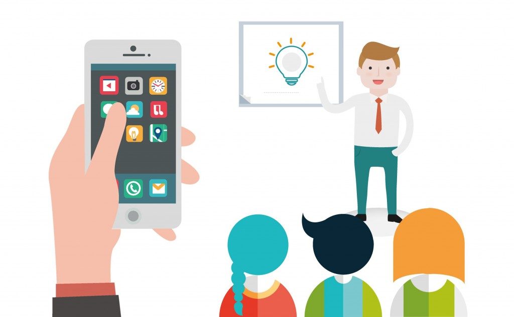 A graphic illustration: At the front left of the image,a hand holding a cellphone displaying various apps. At the back on right, an illustration of the man standing infront of the three kids. 