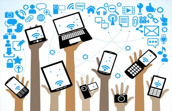 A graphic illustration. Nine hands are raised in the air holding various devices. All devices showing a blue wifi signal on white screen.