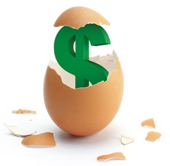 A green dollar sign hatching from a brown egg.