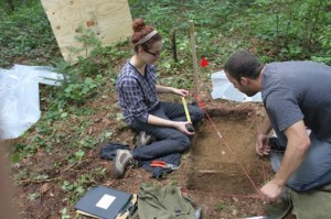 Emily Felder & Ryan Howe excavating an archaeological unit during the UMass Archaeology Summer Field School, 2012.