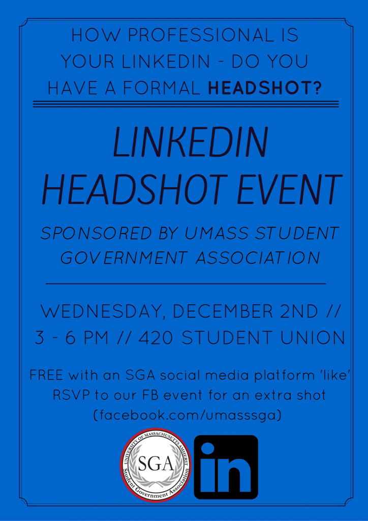 Poster for SGA linkedin headshot event on december 2nd.