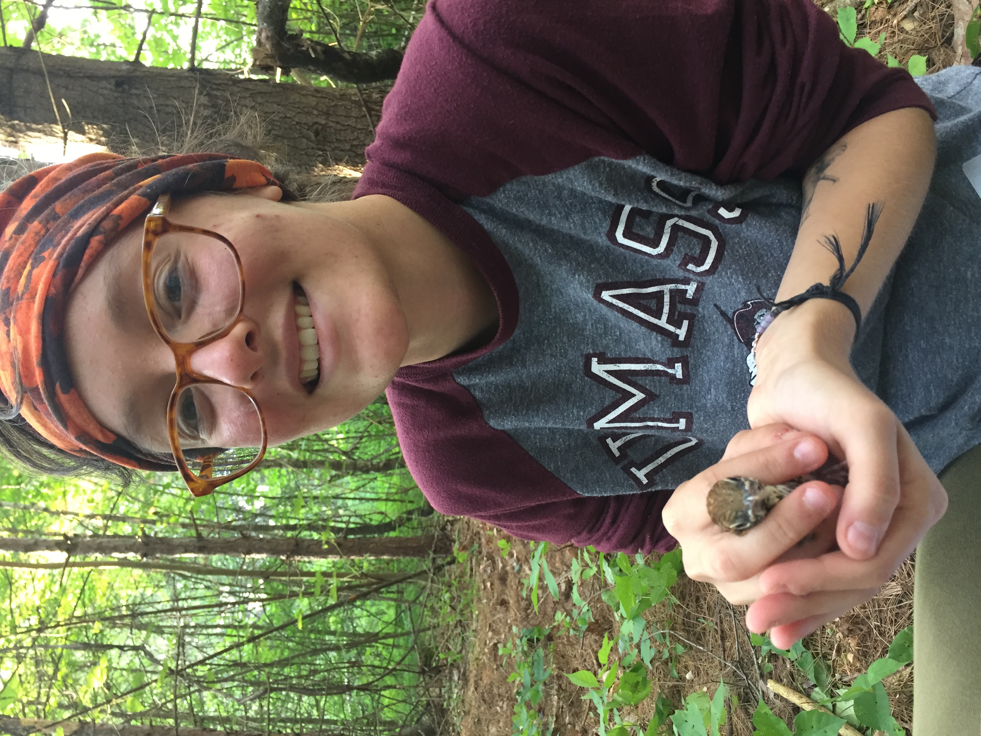 Jodie holding a Wood Thrush chick (K. Straley, 2017)